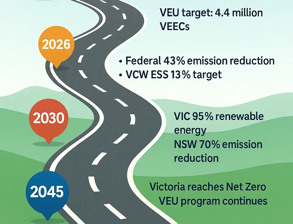 Illustrated roadmap showing Australia’s energy and emissions milestones from 2024 to 2050, including VEU and ESS program extensions, renewable targets, and Net Zero goals.